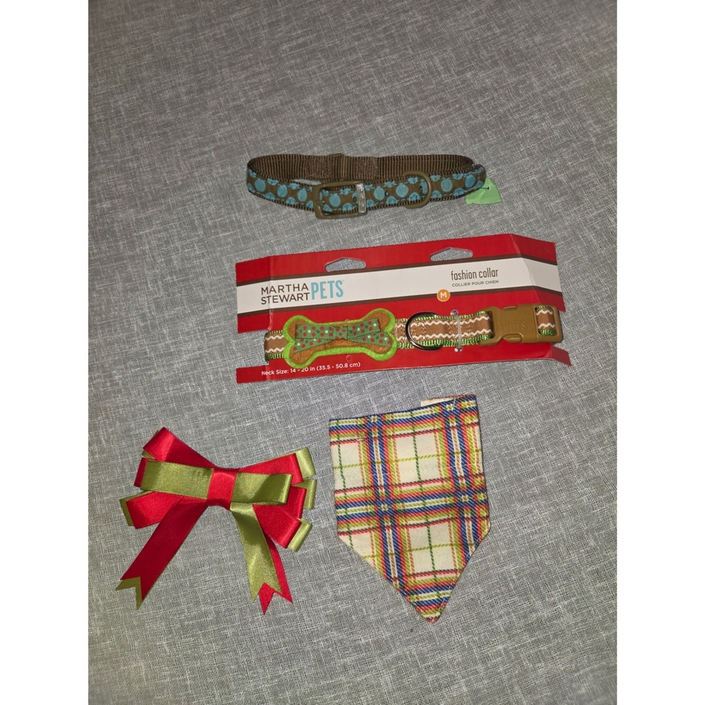 Martha Stewart Pets Dog Collar Bundle Medium Gingerbread Plaid Christmas 4pc